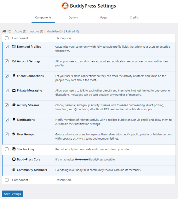 Admin Screen of the BuddyPress Components panel
